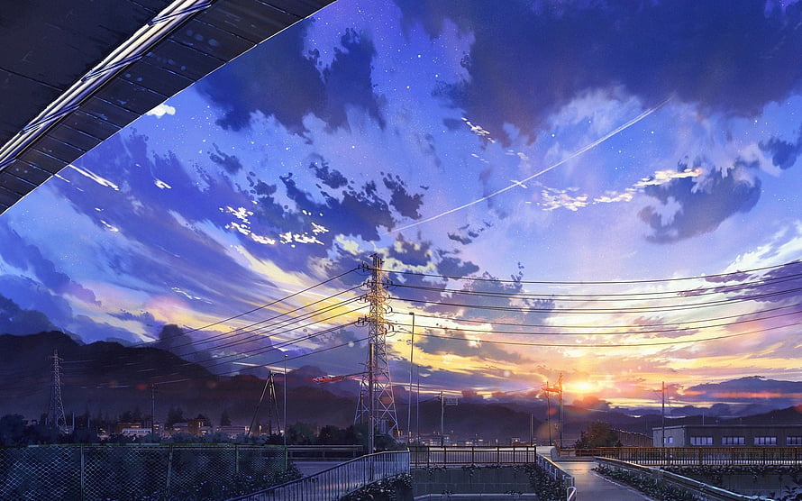 Anime Twilight Sky Over Rural Power Lines and Distant Mountains HD wallpaper
