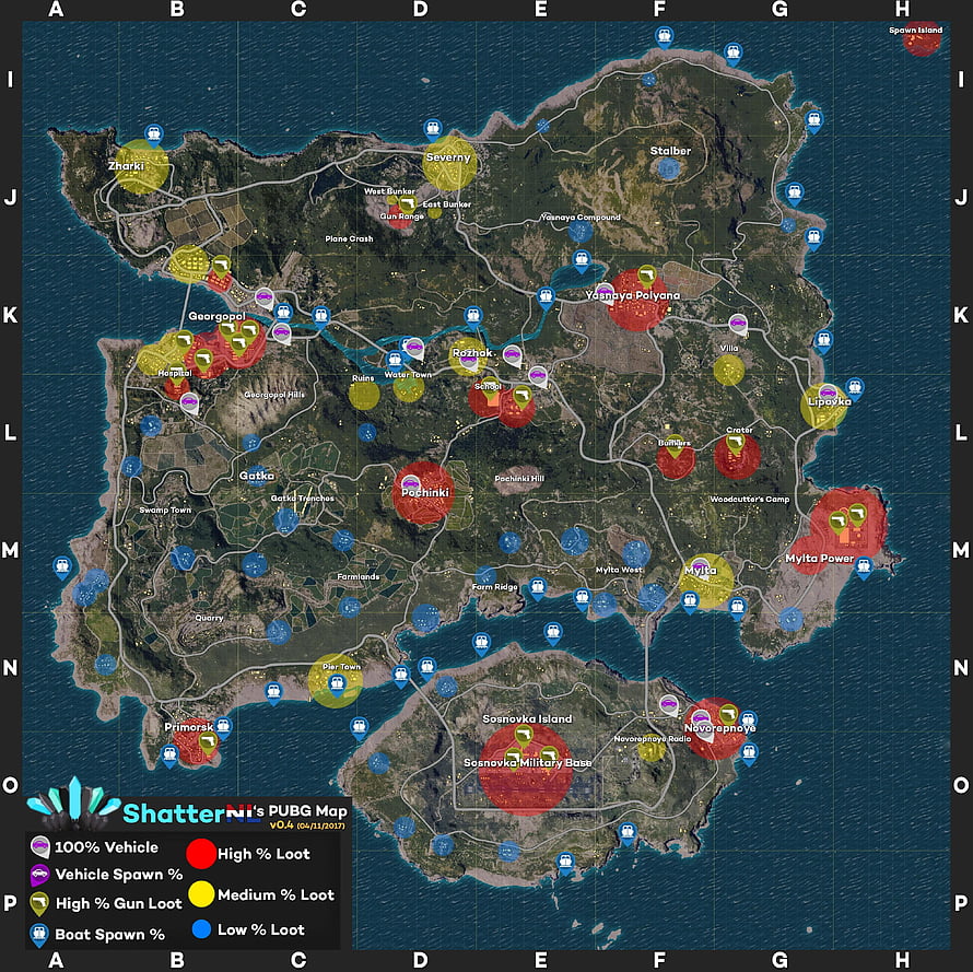 PUBG Erangel Loot Distribution Map with Vehicle and Boat Spawn Points HD wallpaper