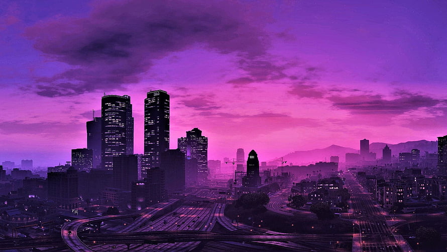 Grand Theft Auto V Los Santos Cityscape at Dusk with Purple Sky and Highway Interchange HD wallpaper