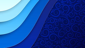 Layered Blue Abstract Design with Floral Pattern and Curved Geometric Shapes HD wallpaper