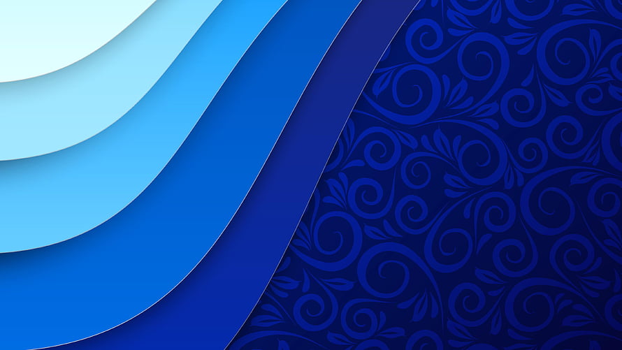 Layered Blue Abstract Design with Floral Pattern and Curved Geometric Shapes HD wallpaper