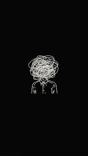 Minimalist White Line Art of a Figure with a Tangled Scribble Head on Black Background HD phone wallpaper