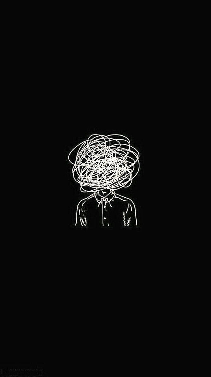 Minimalist White Line Art of a Figure with a Tangled Scribble Head on Black Background HD phone wallpaper
