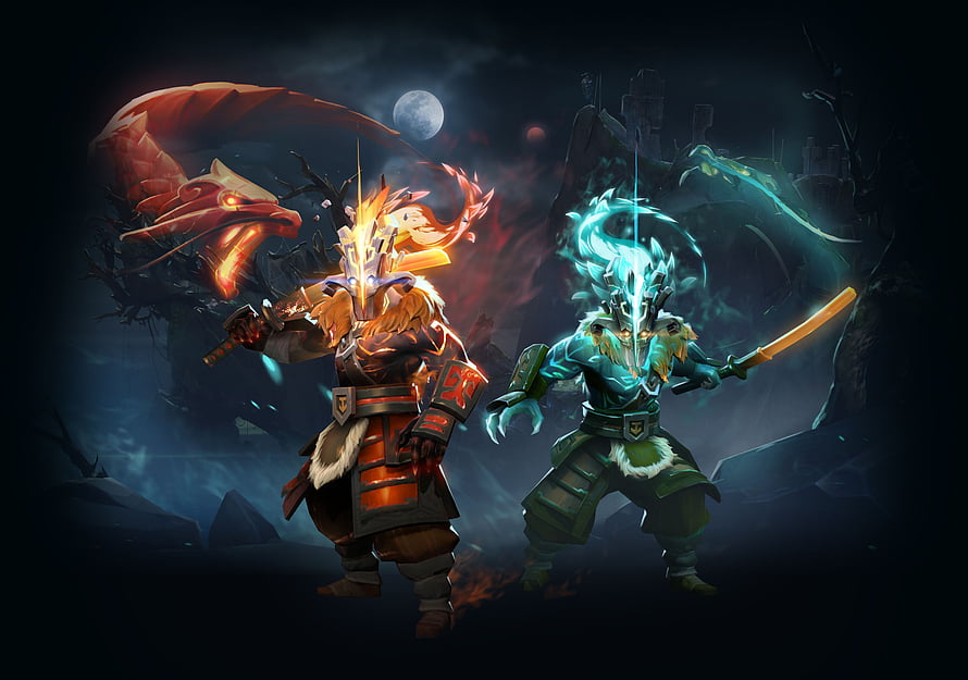 Dota 2 Juggernaut Arcana Concept Art Featuring Fire and Ice Warrior Variants HD wallpaper