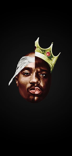 Tupac and Biggie Split Face Portrait with Crown and Bandana on Black Background HD phone wallpaper