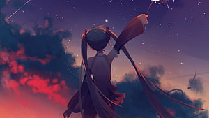 Anime Girl With Twin Tails Releasing Fireworks Into a Starry Twilight Sky HD wallpaper