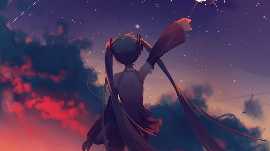 Anime Girl With Twin Tails Releasing Fireworks Into a Starry Twilight Sky HD wallpaper