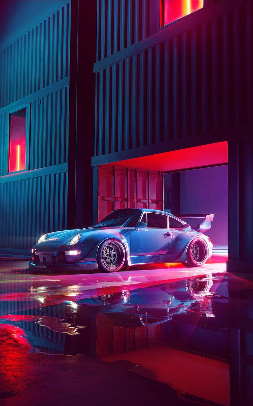Porsche 911 RWB Widebody Concept in Neon Cyberpunk Industrial Setting HD phone wallpaper