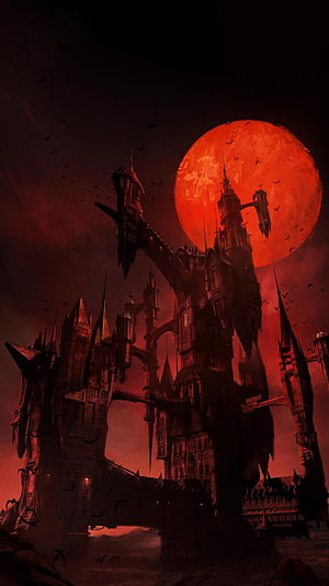 Castlevania gothic castle silhouette against a massive blood moon with bats in a dark fantasy landscape HD phone wallpaper