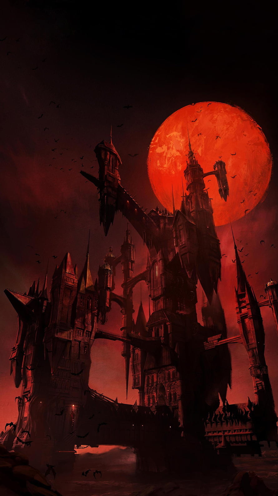 Castlevania gothic castle silhouette against a massive blood moon with bats in a dark fantasy landscape HD phone wallpaper