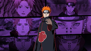 Pain from Naruto Shippuden in Akatsuki cloak with purple-toned panel collage background HD wallpaper