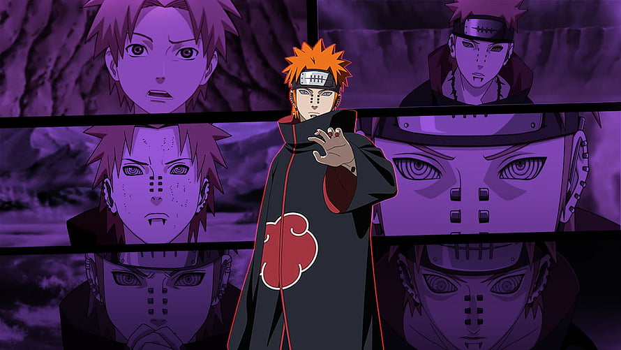 Pain from Naruto Shippuden in Akatsuki cloak with purple-toned panel collage background HD wallpaper