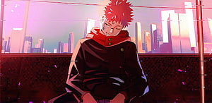 Yuji Itadori from Jujutsu Kaisen Sitting Against a Neon City Skyline HD wallpaper