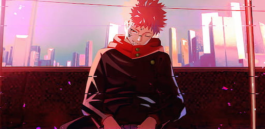 Yuji Itadori from Jujutsu Kaisen Sitting Against a Neon City Skyline HD wallpaper