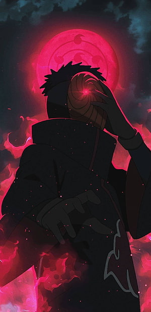 Obito Uchiha in Akatsuki Robe with Glowing Sharingan Eye and Red Moon HD phone wallpaper
