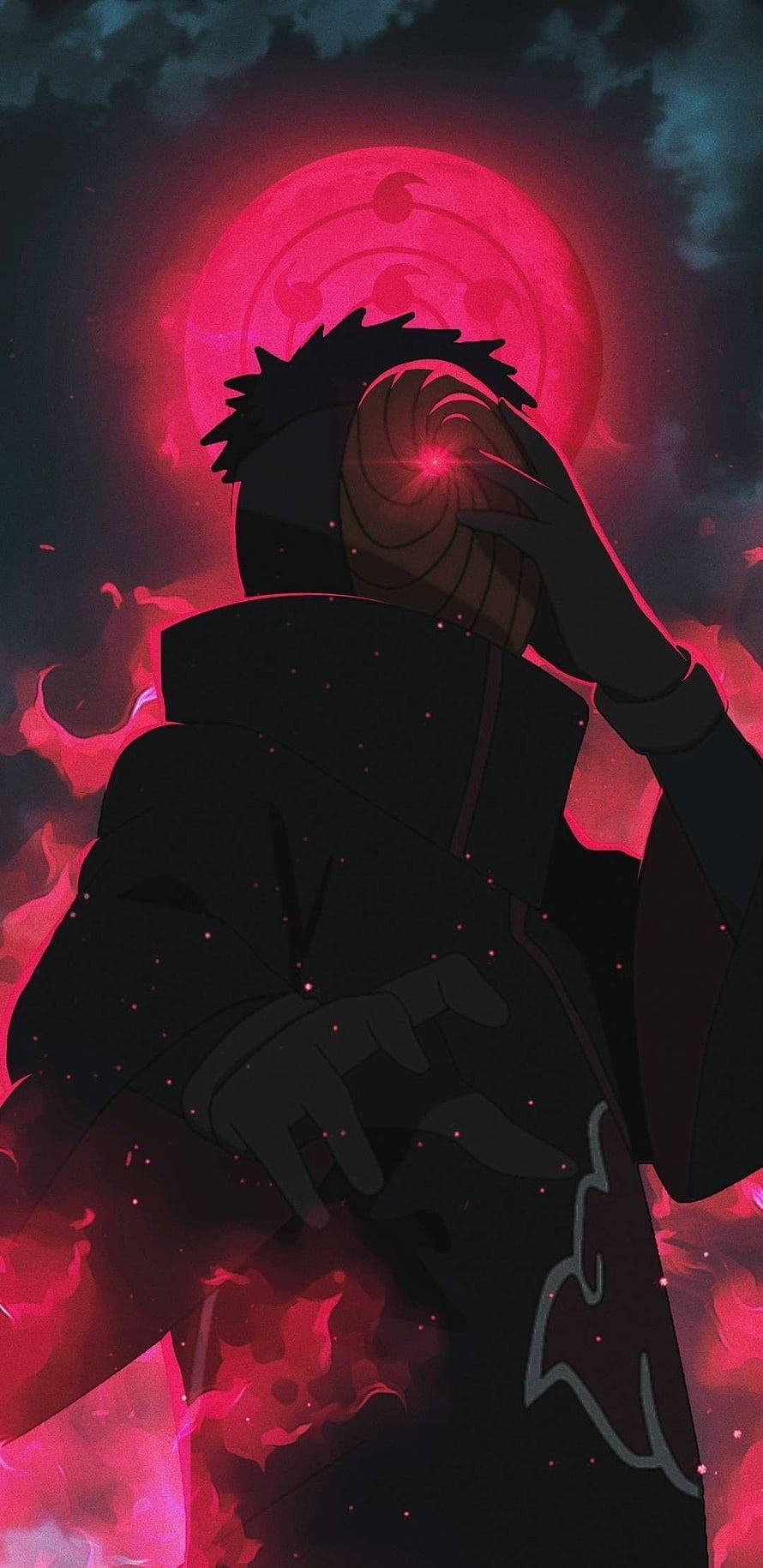 Obito Uchiha in Akatsuki Robe with Glowing Sharingan Eye and Red Moon HD phone wallpaper