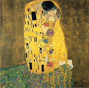 Gustav Klimt The Kiss Artwork with Gold Leaf and Floral Meadow HD wallpaper