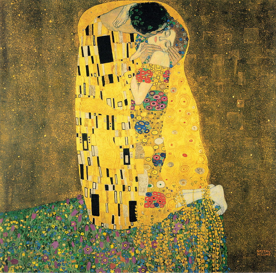 Gustav Klimt The Kiss Artwork with Gold Leaf and Floral Meadow HD wallpaper
