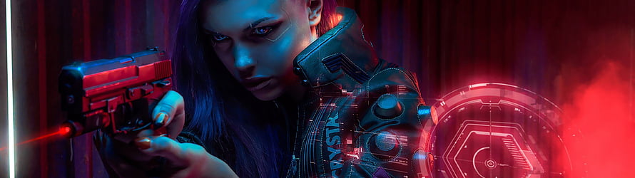 Cyberpunk Woman Aiming Futuristic Pistol with Neon Red and Blue Lighting HD wallpaper