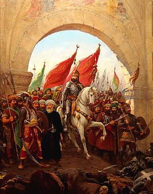 Mehmed II on White Horse Entering Constantinople with Ottoman Banners HD phone wallpaper