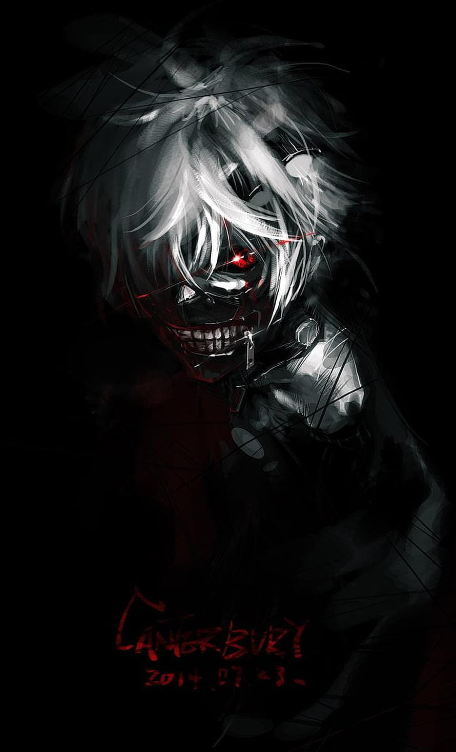 Kaneki Ken Tokyo Ghoul Dark Portrait with Glowing Red Eyes and Grinning Mask HD phone wallpaper