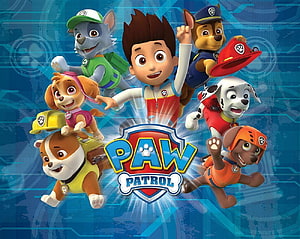 Paw Patrol Team Group Portrait with Ryder and Six Puppies on Blue Tech Background HD wallpaper