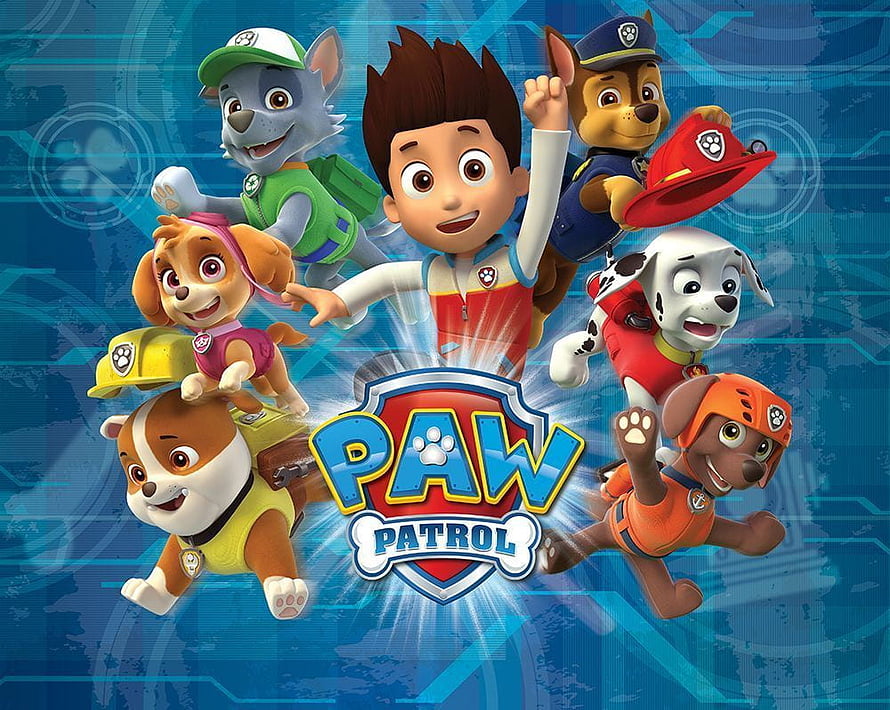 Paw Patrol Team Group Portrait with Ryder and Six Puppies on Blue Tech Background HD wallpaper