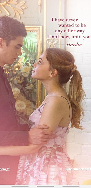 Hardin and Tessa from After in an intimate romantic moment with a floral backdrop HD phone wallpaper
