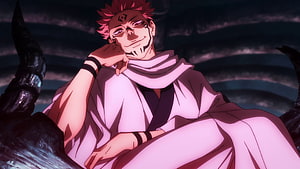 Ryomen Sukuna Anime Character in White Robe with Dark Markings and Red Hair HD wallpaper