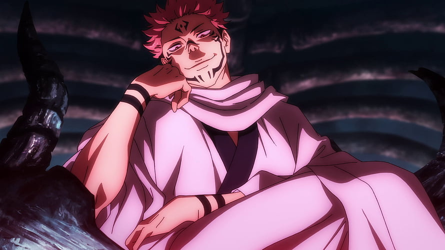 Ryomen Sukuna Anime Character in White Robe with Dark Markings and Red Hair HD wallpaper