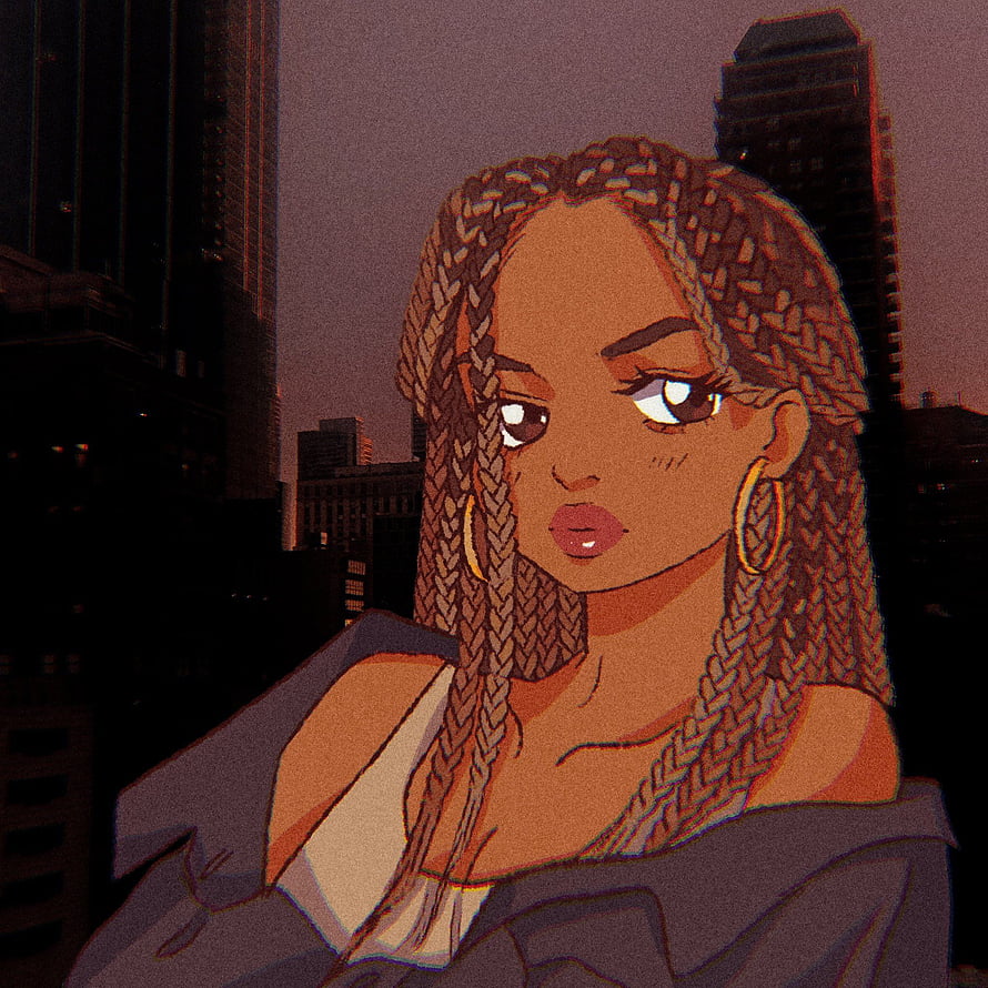 Stylized illustration of a woman with long braids and gold hoop earrings set against a city skyline at dusk HD phone wallpaper