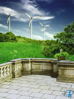 Stone Balcony Terrace Overlooking Green Meadow and Wind Turbines Under Blue Sky HD phone wallpaper