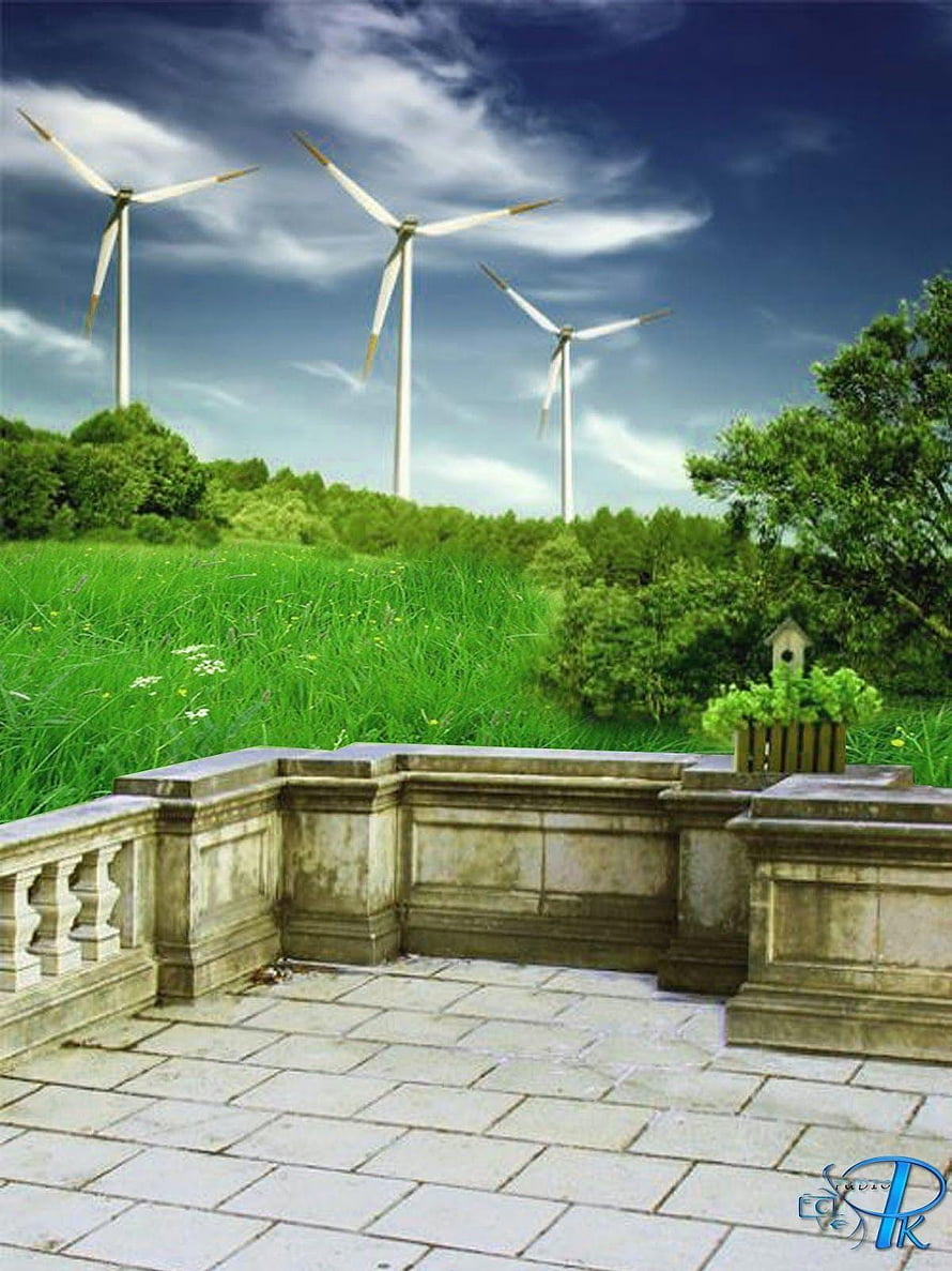 Stone Balcony Terrace Overlooking Green Meadow and Wind Turbines Under Blue Sky HD phone wallpaper