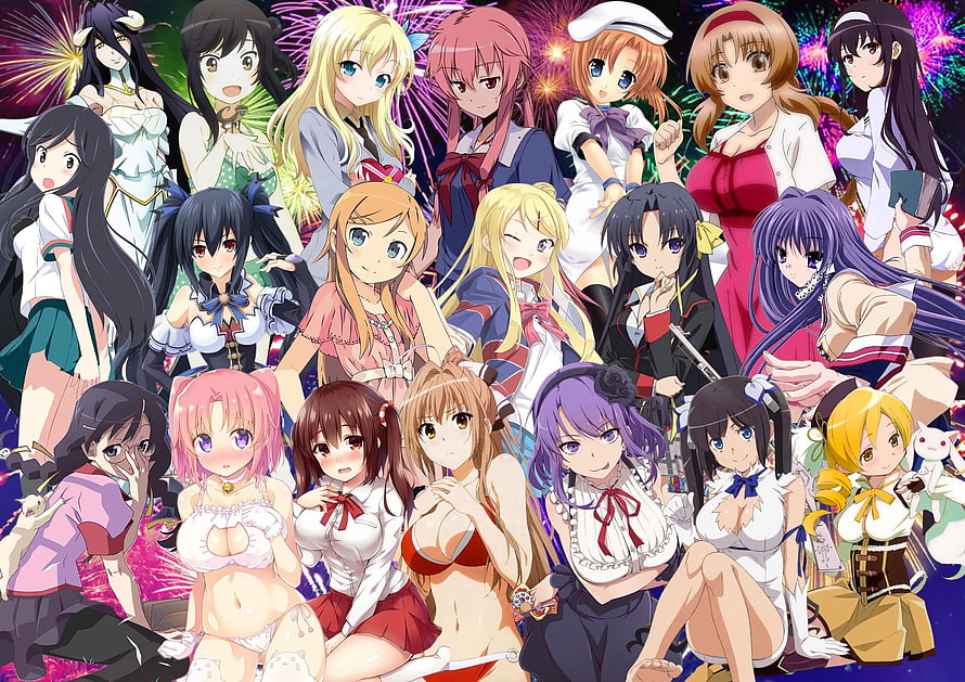 Anime Girls Group Portrait With Fireworks Background HD wallpaper
