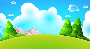 Cheerful Cartoon Forest Hill Landscape With Pine Trees And Fluffy Clouds HD wallpaper