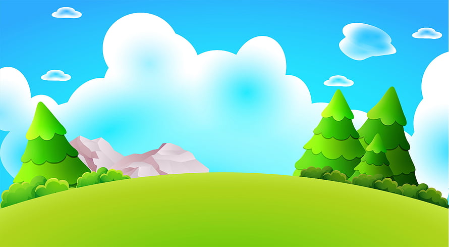 Cheerful Cartoon Forest Hill Landscape With Pine Trees And Fluffy Clouds HD wallpaper