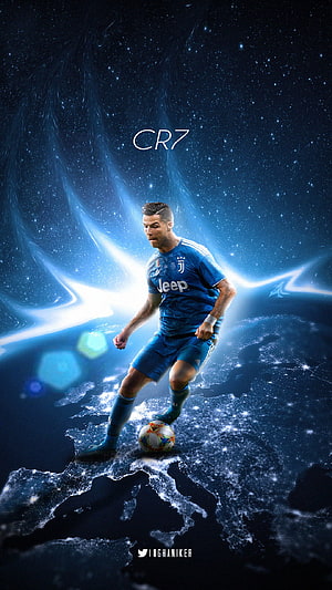 Cristiano Ronaldo in Juventus Kit Dribbling on a Cosmic Starry Globe HD phone wallpaper
