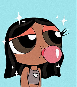 Stylized Black-Haired Powerpuff Girl Blowing Bubblegum with Sparkles HD phone wallpaper