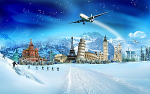 Winter Travel Collage Featuring World Landmarks, Snowy Mountains, and Airplane HD wallpaper
