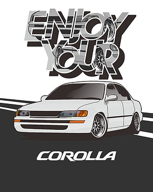 Stylized White Toyota Corolla AE101 Sedan Vector Art with Enjoy Your Car Typography HD phone wallpaper