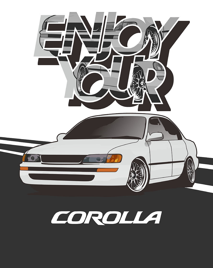 Stylized White Toyota Corolla AE101 Sedan Vector Art with Enjoy Your Car Typography HD phone wallpaper