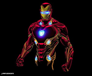 Iron Man Neon Armor Concept Art with Glowing Blue Arc Reactor and Eyes on Black Background HD wallpaper
