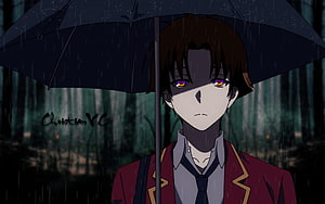 Kiyotaka Ayanokouji Under Umbrella in Rainy Forest Scene HD wallpaper