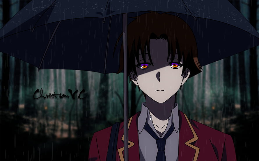 Kiyotaka Ayanokouji Under Umbrella in Rainy Forest Scene HD wallpaper