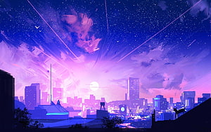 Vibrant Purple Cityscape at Night with Meteor Shower and Glowing Moon HD wallpaper