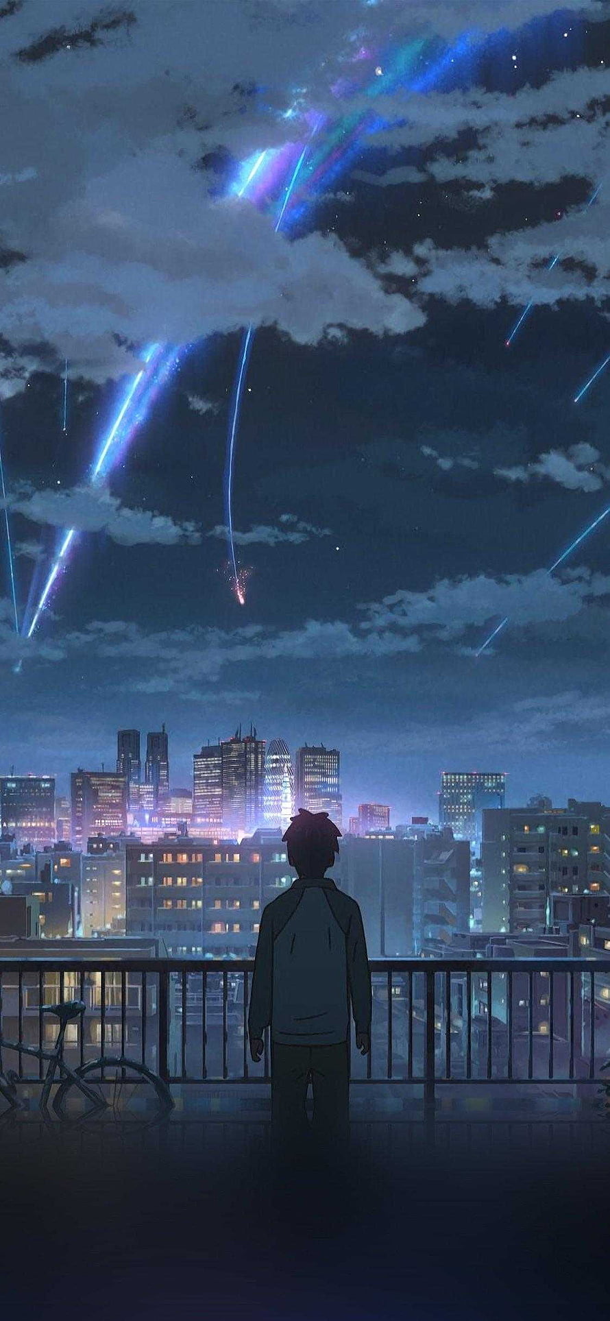 Weathering With You Anime Scene of a Boy Watching Meteor Shower Over a City at Night HD phone wallpaper