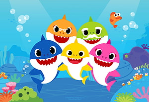 Baby Shark Family Underwater Cartoon Illustration with Colorful Coral Reef HD wallpaper