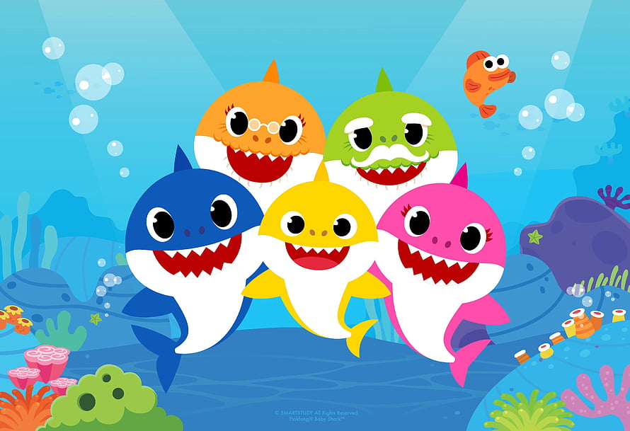 Baby Shark Family Underwater Cartoon Illustration with Colorful Coral Reef HD wallpaper