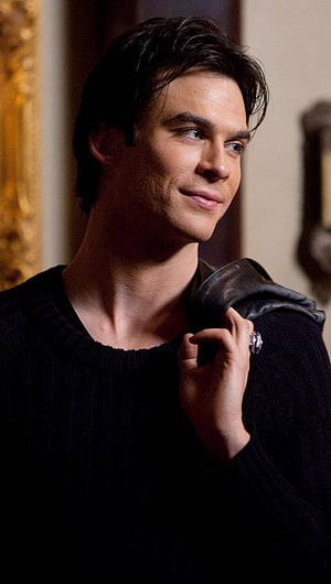 Damon Salvatore in Black Knit Sweater with Leather Shoulder Detail and Ring HD phone wallpaper