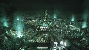 Midgar Cityscape at Night in Final Fantasy VII with Glowing Towers and Industrial Districts HD wallpaper